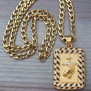 Praying Hands/Cross with Rhinestones Rectangular Shape Pendant Necklace